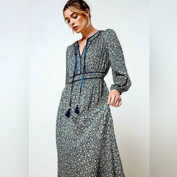 Boho Floral Maxi Dress | Teal Emerald Long Sleeve Ruffle Hem Tassel Dress - Picture 5 of 5